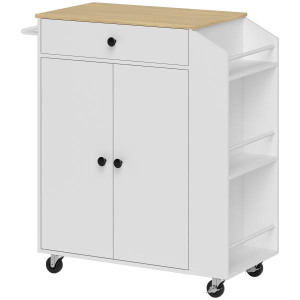 Ilha de Cozinha com Rodas com Gaveta Suporte para Temperos de 3 Níveis e Prateleira Ajustável 82x38x86,5 cm Branco
