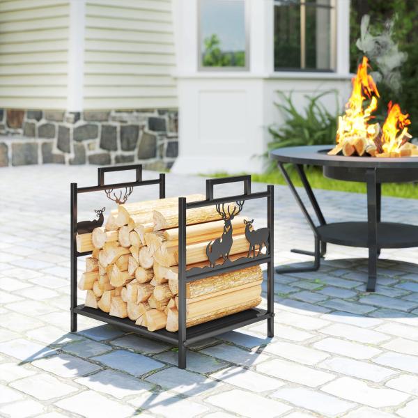 Suporte para Lenha em Metal com Pegas 42,5x33,5x43 cm para Lareira Jardim e Terraço Preto