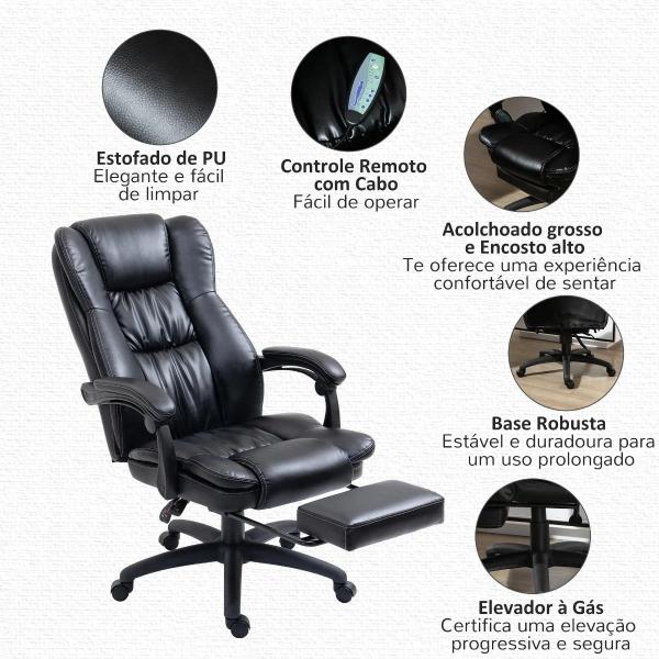 Cadeira de Escritório e Giratória Cadeira de Escritório com Altura Ajustável 6 Pontos de Massagem Controle Remoto e Apoio para os Pés Retrátil 68,5x68,5x119 - 127cm Preto