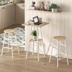 Mesa Alta de Cozinha Quadrada com Prateleira Mesa Alta de Bar para 2 Pessoas Pernas de Metal 55x55x95 cm Madeira e Branco
