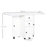 Mesa Dobrável c/ 2 Gavetas e Rodas para Jantar Mesa Auxiliar Multifuncional 120x60x76,5cm Branco
