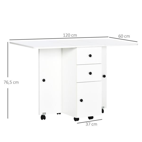 Mesa Dobrável c/ 2 Gavetas e Rodas para Jantar Mesa Auxiliar Multifuncional 120x60x76,5cm Branco