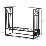 Suporte para Lenhas 75x30x60cm Porta Lenha com Desenho Vintage com 4 Ferramentas Base Elevada Carga Máxima 100kg Aço Preto