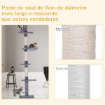 Árvore Arranhadora para Gatos Arranhador para Fixar ao Teto Altura Ajustável com Plataformas Poste de Sisal 40x34x230 - 260cm Cinza