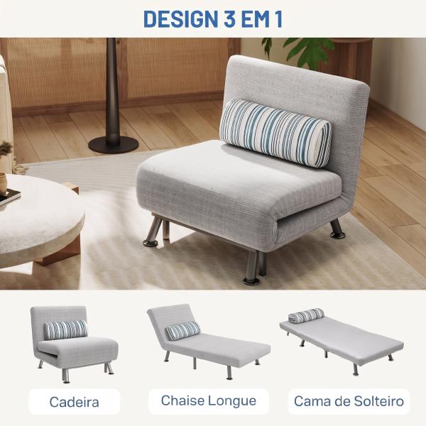 Sofá - Cama Individual Dobrável com Encosto Ajustável 5 Posições, Almofada e Revestimento em Linho Sintético, 75x70x75 cm, Cinzento