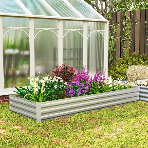 Floreira Exterior Grande Retangular em Aço Galvanizado para Terraço com Fundo Aberto 241x90,5x30 cm Prata