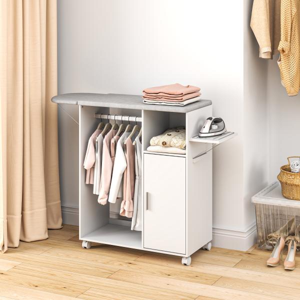 Móvel de Engomar de Madeira com Rodas Barra para Pendurar Roupa Prateleira Aberta e Tábua Dobrável 107x42,5x99 cm Branco