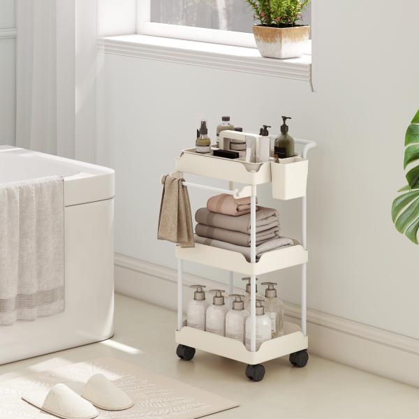 Carrinho Auxiliar com Rodas de 3 Níveis com Cestos Extraíveis Suporte para Toalhas e Estrutura de Metal 42x42,5x76 cm Branco