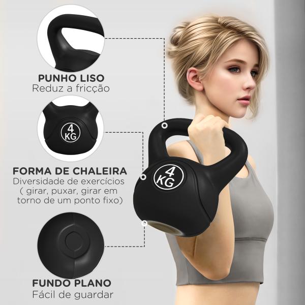 Peso Russo de 4 kg Kettlebell Fitness Preenchido de Areia com Punho Largo Antiderrapante 18x12x20 cm Preto