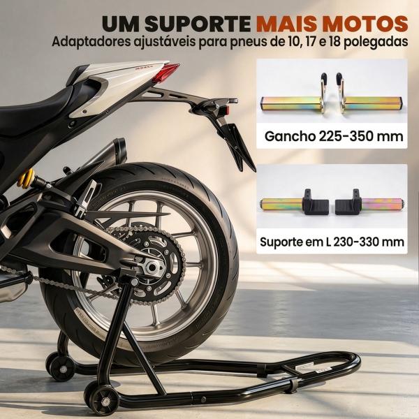 Cavalete para Mota Suporte Traseiro Universal de Aço com Suportes em U e L para Roda 10" 17" 18" Carga 200 kg Preto
