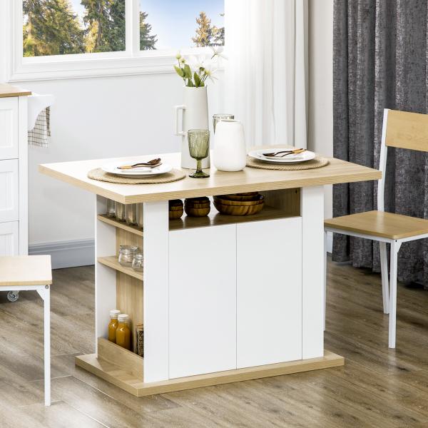 Ilha de Cozinha para 4 Pessoas com 4 Portas, Compartimentos Abertos e Prateleira Ajustável 110x70x75,5 cm Carvalho e Branco