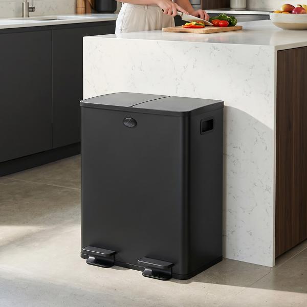 Papeleira de Cozinha em Aço Inoxidável com 2 Compartimentos 2x20L Pedal, Tampas de Fecho Suave e Balde Removível Preto