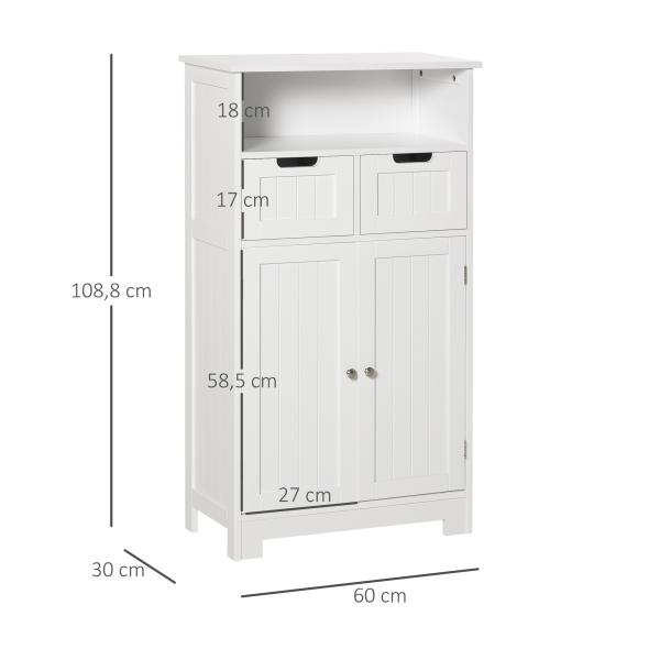 Kleanklin Armário de Casa de Banho com 2 Portas Prateleira Ajustável 2 Gavetas e Compartimento Aberto Móvel Auxiliar de Armazenamento para Sala de Estar Cozinha 60x30x108,8cm Branco
