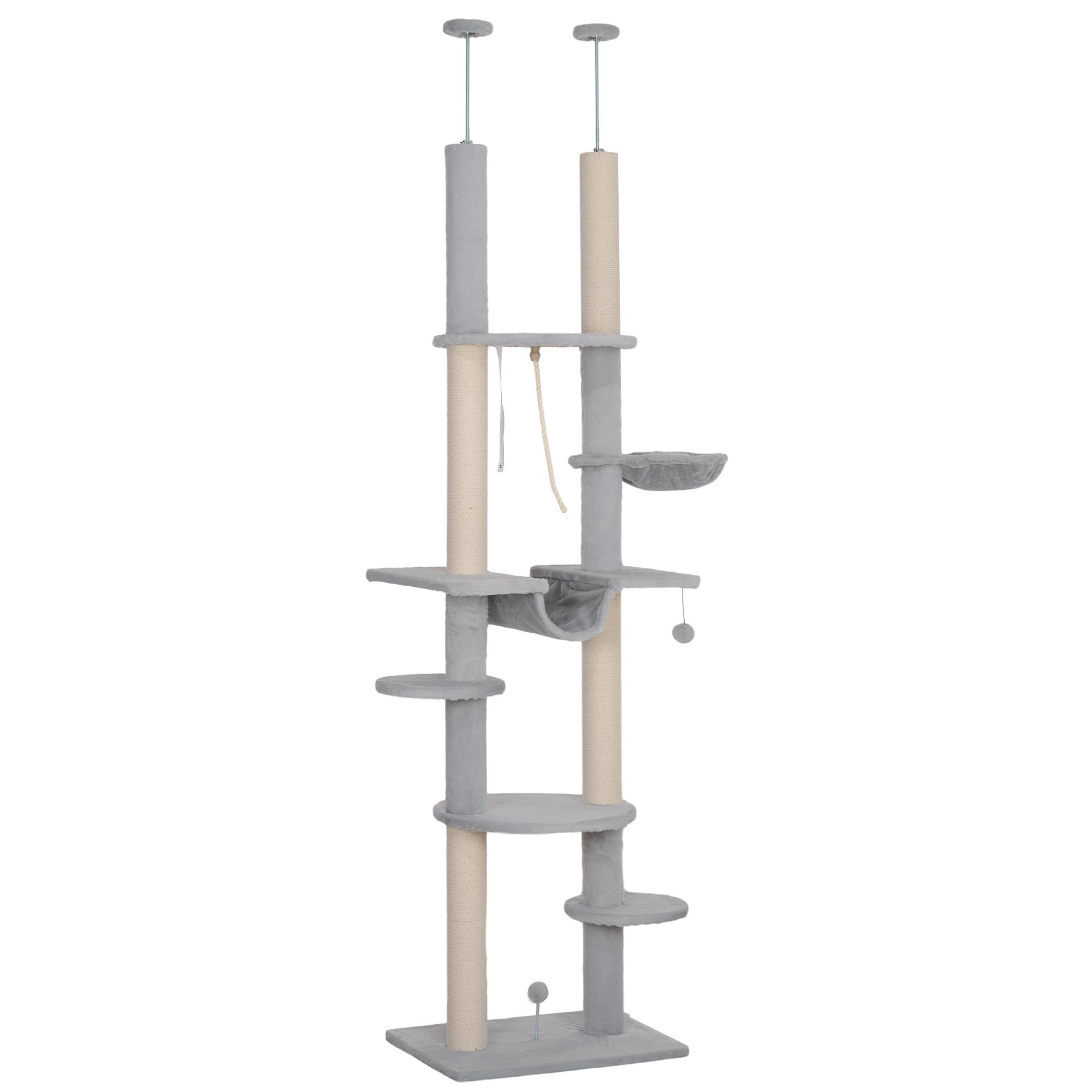 Arranhador para Gatos do Chão ao Teto 225 - 255 cm com 7 Níveis Rede Plataformas Postes de Arranhar Cinza