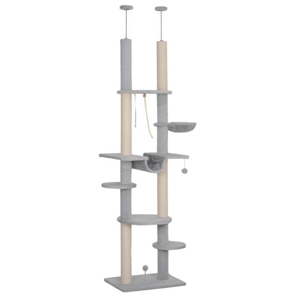 Arranhador para Gatos do Chão ao Teto 225 - 255 cm com 7 Níveis Rede Plataformas Postes de Arranhar Cinza