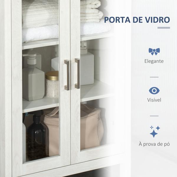 Armário Alto de Casa de Banho com 2 Portas de Vidro e 3 Prateleiras Armário Auxiliar Estilo Moderno 53x30x162cm Branco
