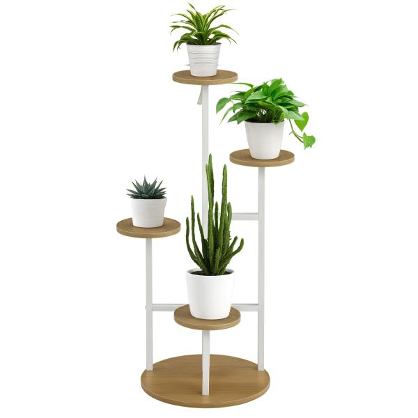 Suporte para Plantas de 4 Níveis Suporte para Vasos de Plantas com Estrutura de Aço 40x40x95,5cm Madeira e Branco
