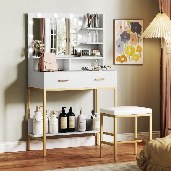 Toucador de Maquilhagem com Luz e Banco Mesa de Maquilhagem com 2 Gavetas e Prateleiras Estilo Moderno para Quarto Branco