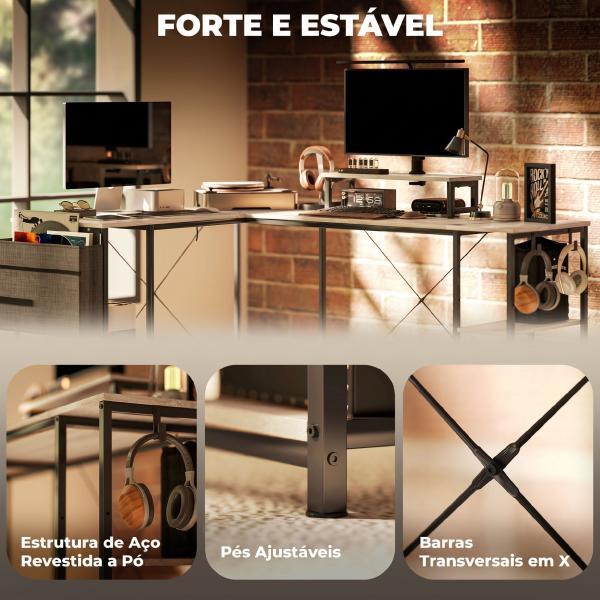 Secretária de Canto Reversível em L 168 - 240 cm Industrial com Suporte para Monitor e CPU, Prateleiras e Bolsa Lateral, Natural