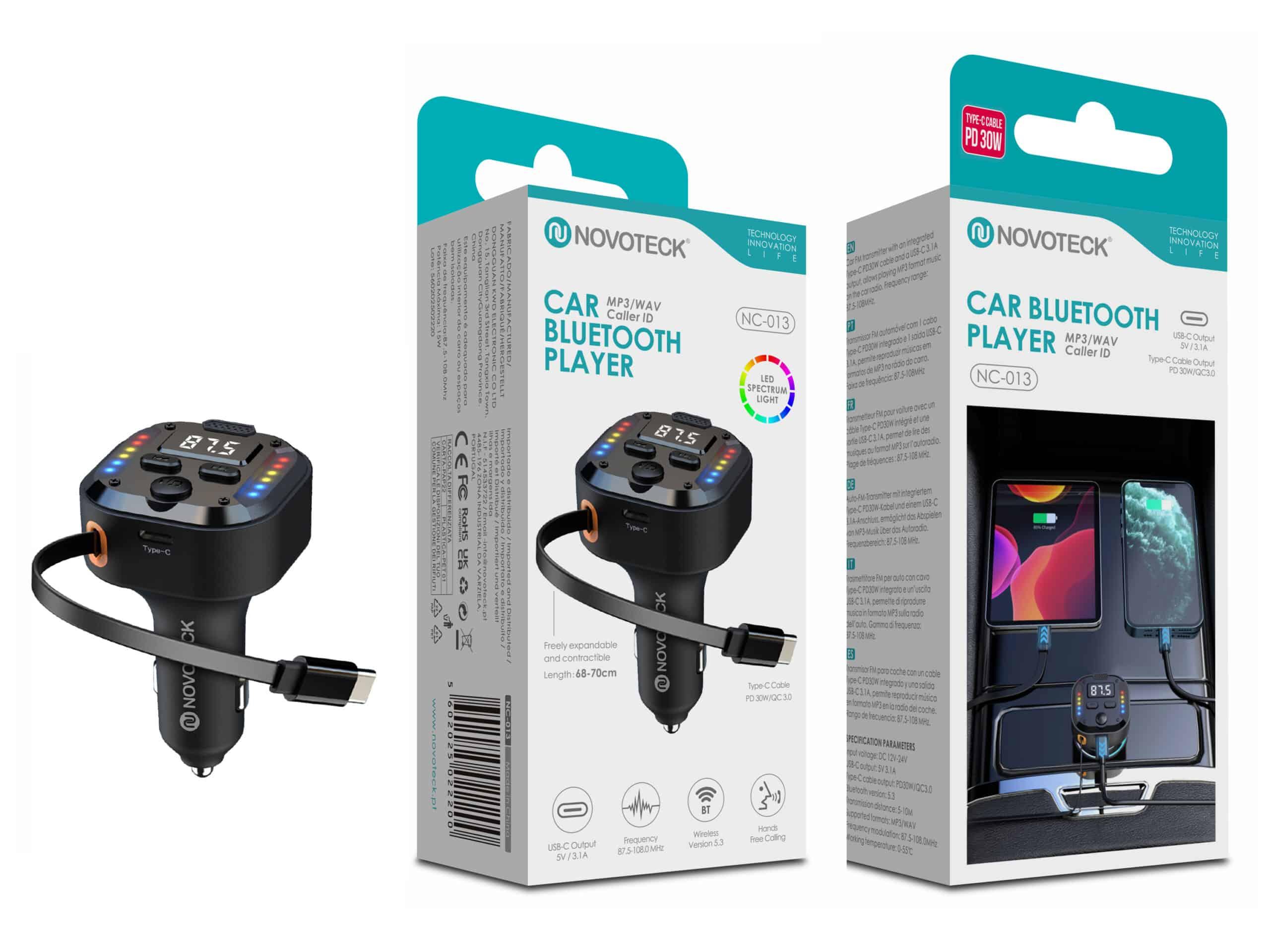 Transmissor Bluetooth para Carro NOVOTECK NC - 013 com Carregamento Rápido USB - C PD 30W