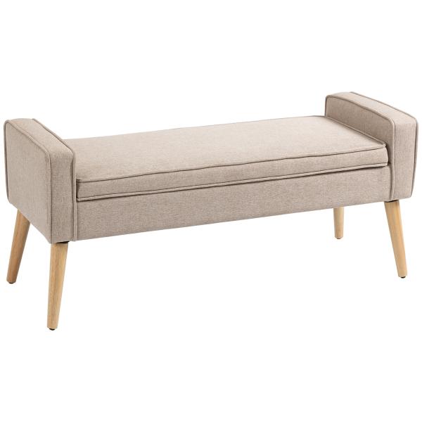 Banco de Armazenamento Estofado em Linho com Tampa Abatível e Pés de Madeira 120x45x54cm Bege