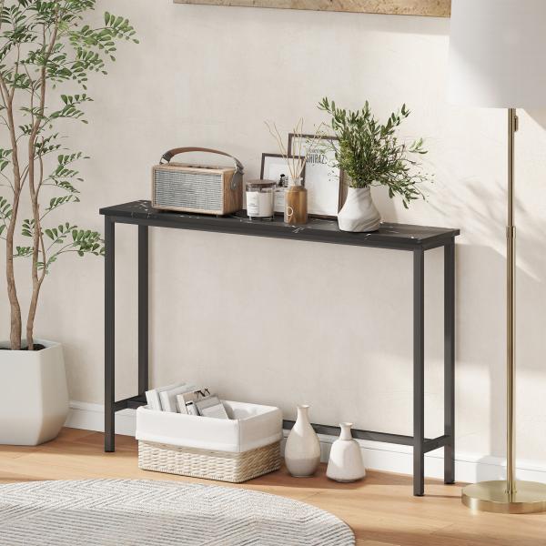 Mesa Consola Moderna Consola de Entrada Estreita com Superfície com Efeito Mármore e Estrutura de Metal 100x20x66 cm Preto