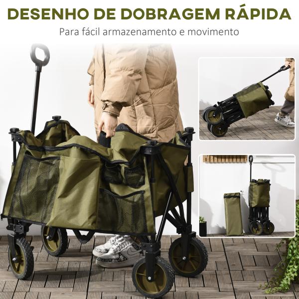 Carrinho Dobrável de com Rodas com Guiador Bancada Dobrável 5 Bolsas de Armazenamento 108x55x93cm Verde Escuro