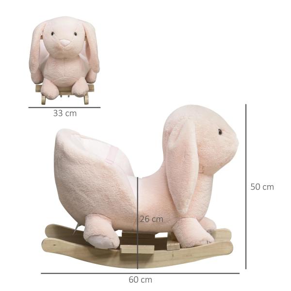 Baloiço Infantil com Forma de Coelho de Pelúcia Baloiço para Bebés 18 - 36 Meses com Som Cinto de Segurança Guidão e Apoio para os Pés 60x33x50cm Rosa