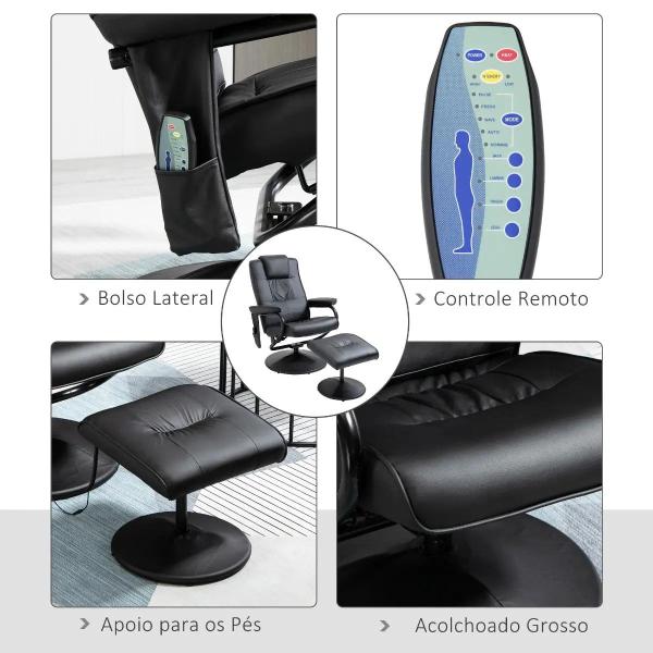 Poltrona de Massagem Elétrica com Banco para Apoiar os Pés Poltrona Relax Giratório Reclinável em até 145° com Controle Remoto e 10 Zonas de Massagem Estofado em PU 77x84x95cm Preto