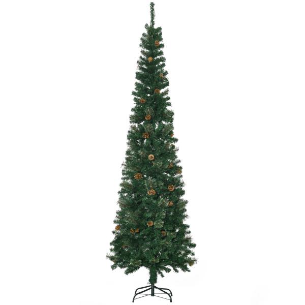 Árvore de Natal Artificial 225 cm Árvore de Natal com 706 Ramos Árvore de Natal Slim com 56 Pinhas Base Dobrável Ø58x225 cm Verde