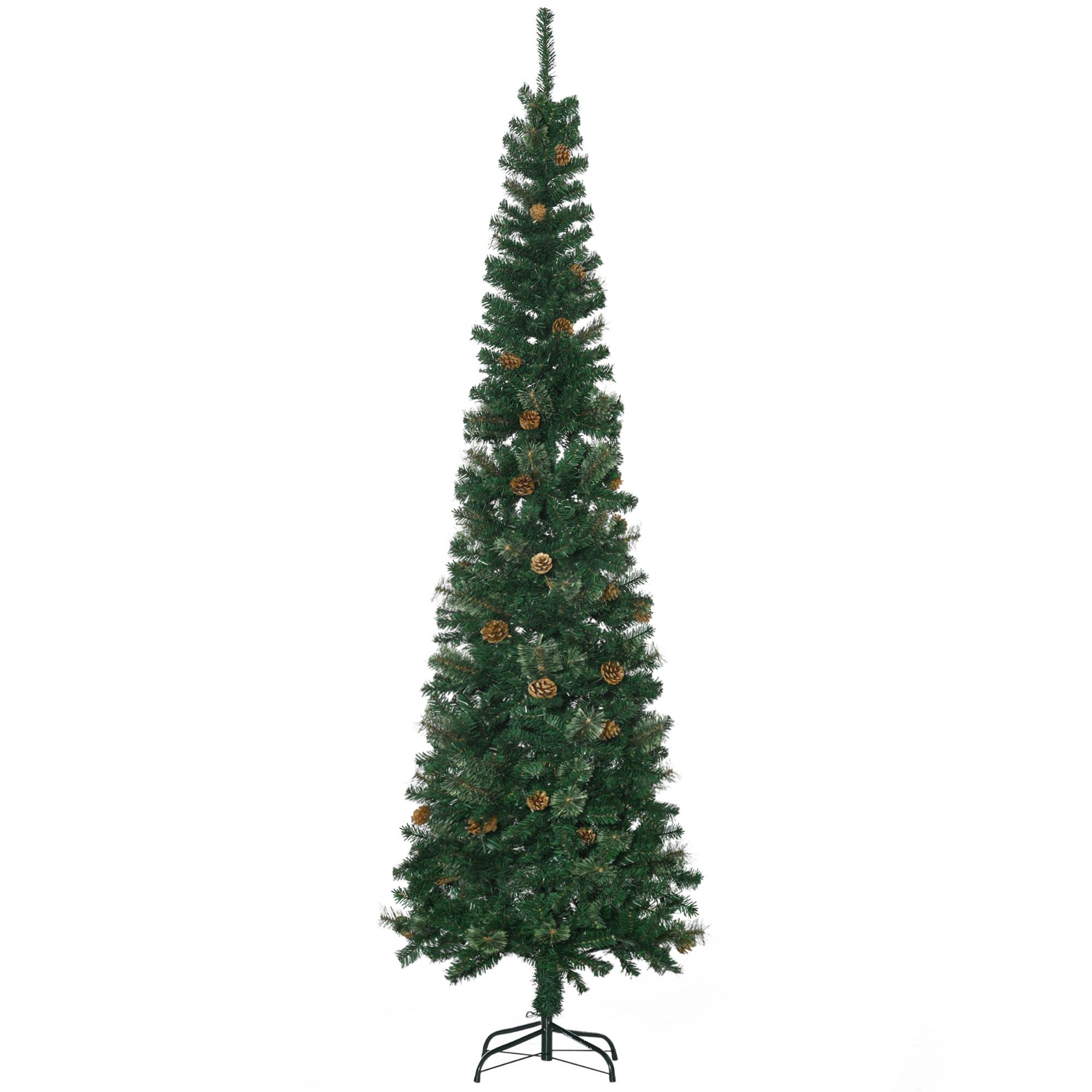 Árvore de Natal Artificial 225 cm Árvore de Natal com 706 Ramos Árvore de Natal Slim com 56 Pinhas Base Dobrável Ø58x225 cm Verde