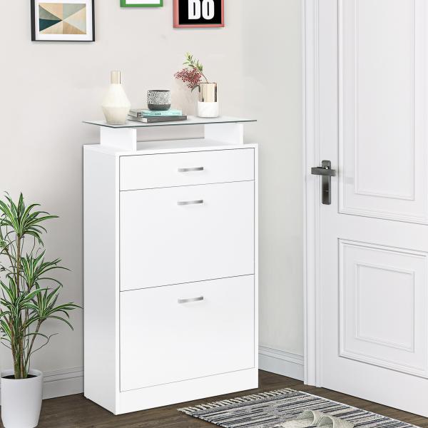 Móvel Sapateira de 2 Portas Sapateira Estreito para 12 Pares de Sapatos com Gaveta Prateleira Aberta e Bancada de Vidro para Corredor Entrada Carga Máx. 50kg 60x24x105,5cm Branco
