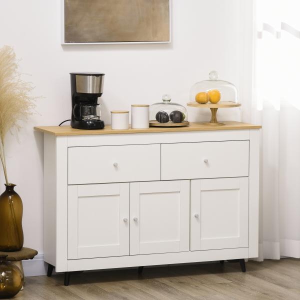 Aparador Móvel Auxiliar de Cozinha com 2 Gavetas 3 Portas e Prateleira Ajustável Móvel de TV de até 50 Polegadas 117x35x80 cm Branco e Madeira