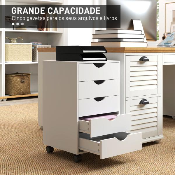 Bloco de Gavetas com 5 Gavetas e Rodas para Escritório 40x40x67 cm Branco