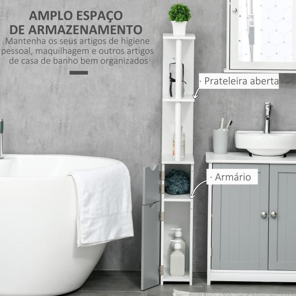 Coluna Casa de Banho com 2 Portas e 2 Prateleiras Abertas Estilo Moderno 15,2x29,8x118cm Branco e Cinza