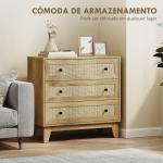 Cómoda com 3 Gavetas Cómoda de Madeira com Gavetas de Vime e Pés Elevados 80x35x76 cm Madeira