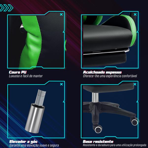 Cadeira Gaming Reclinável até 135° com Suporte Lombar Altura Ajustável Almofada de Cabeça e Apoio para os Pés Retrátil 65x65x121 - 129 cm Preto e Verde