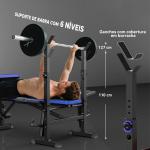 Banco de Musculação com Encosto Ajustável e Suporte para Barras Regulável para Treino em Casa Ginásio 175x139x127 cm Preto e Azul
