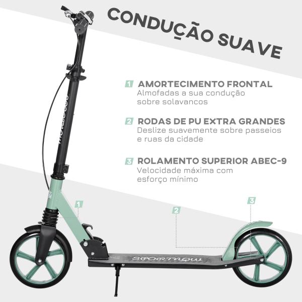 Trotinete Dobrável com Guiador Ajustável Rodas Grandes de 200mm Amortecimento e Travão Carga Máxima 100kg 91,5x36,5x91 - 104cm Verde