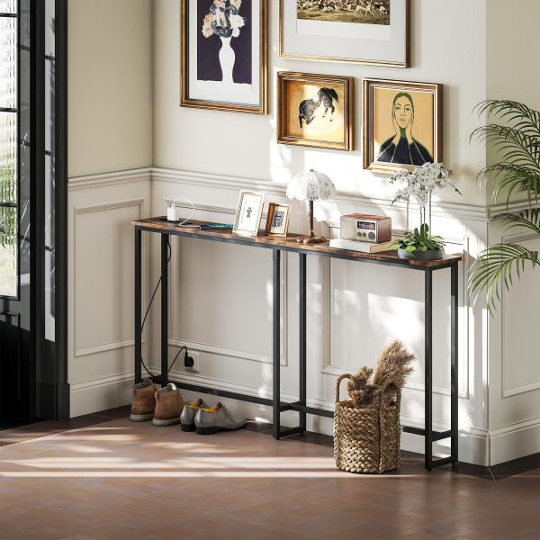 Mesa de Consola Estreita Consola com Estação de Carga Estrutura de Aço Estilo Industrial para 160x20x80 cm Marrom Rústico
