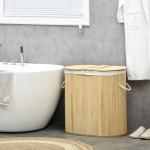Cesto de Roupa Suja de Bambu 100L com 2 Compartimentos e Forro Removível 62,5x37x60,5 cm Madeira