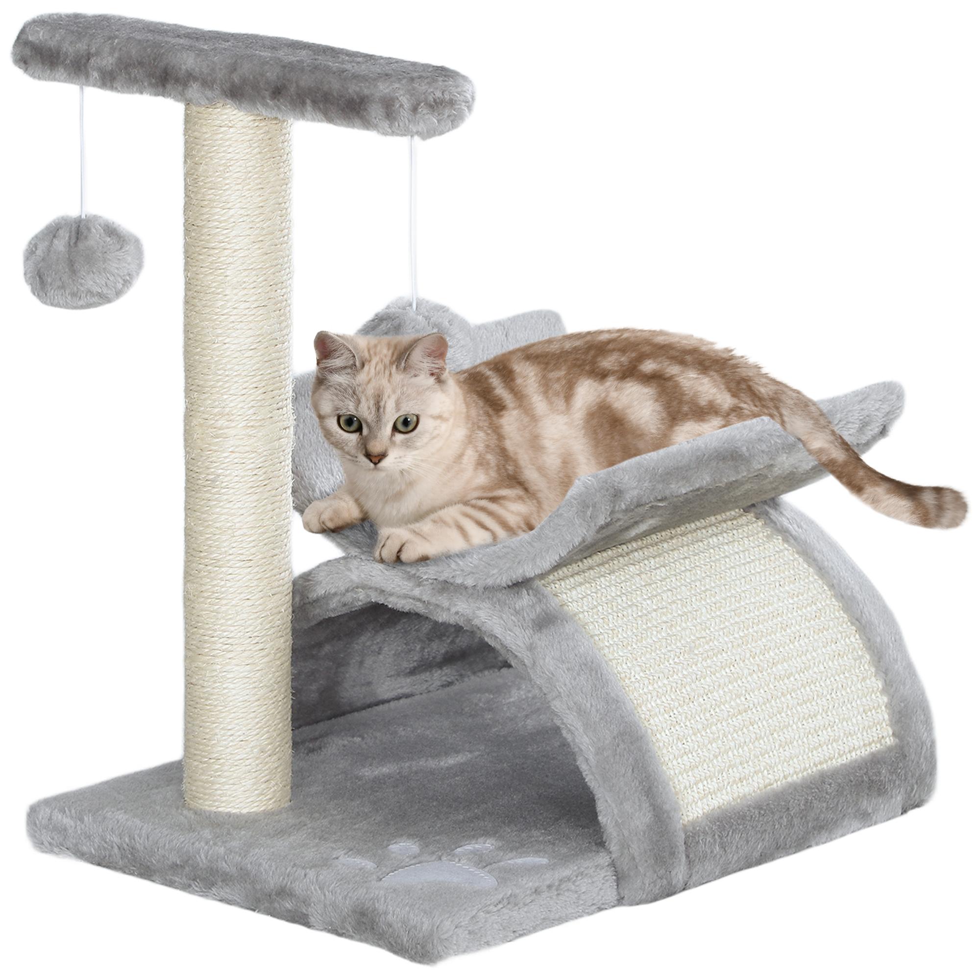 Árvore Arranhador para Gatos Pequena com Poste Giratório Bolas Suspensas Plataforma Curva e Esconderijo 40x30x43 cm Cinza