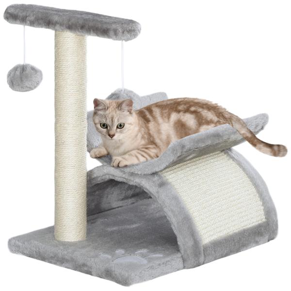 Árvore Arranhador para Gatos Pequena com Poste Giratório Bolas Suspensas Plataforma Curva e Esconderijo 40x30x43 cm Cinza
