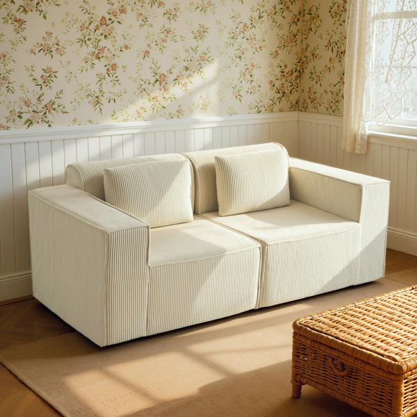 Sofá de 3 Lugares Sofá de Sala 202x90x76 cm Revestido em Veludo Cotelê Acolchoamento Espesso e 2 Almofadas Bege