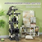 Arranhador para Gatos Grande 49x49x173 cm com Múltiplos Níveis Cavernas e Brinquedos Suspensos Cinza