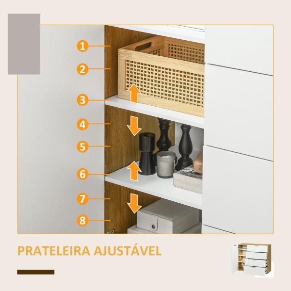 Aparador de Sala de Estar com 4 Gavetas de Alto Brilho Porta e Prateleiras Ajustáveis 105x35x92 cm Branco e Madeira