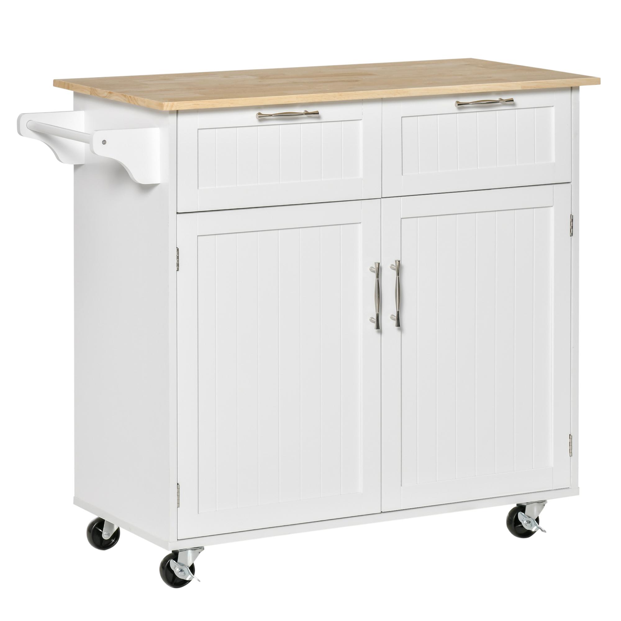 Carrinho de Cozinha com Rodas Móvel Auxiliar de Cozinha com 2 Gavetas 2 Portas Prateleira Ajustável 104x46x91 cm Branco