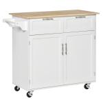 Carrinho de Cozinha com Rodas Móvel Auxiliar de Cozinha com 2 Gavetas 2 Portas Prateleira Ajustável 104x46x91 cm Branco