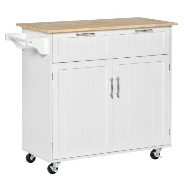 Carrinho de Cozinha com Rodas Móvel Auxiliar de Cozinha com 2 Gavetas 2 Portas Prateleira Ajustável 104x46x91 cm Branco