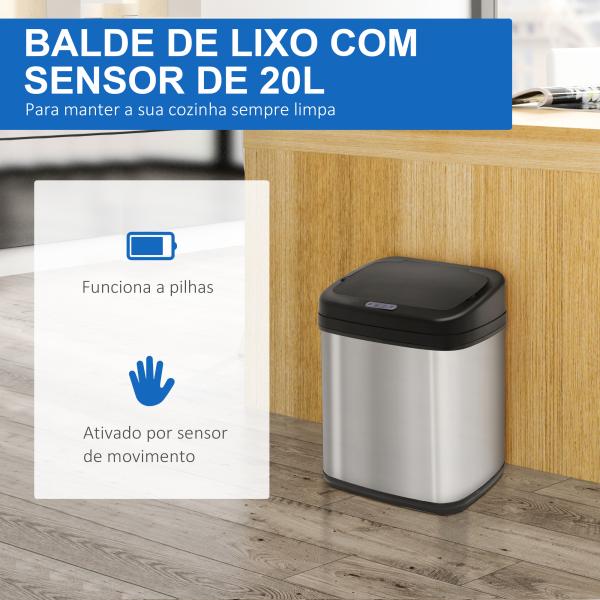Balde de Lixo Automático 20L com Sensor Infravermelho Abertura Automática Cubo Amovível 33x25x42,5 cm Prata e Preto